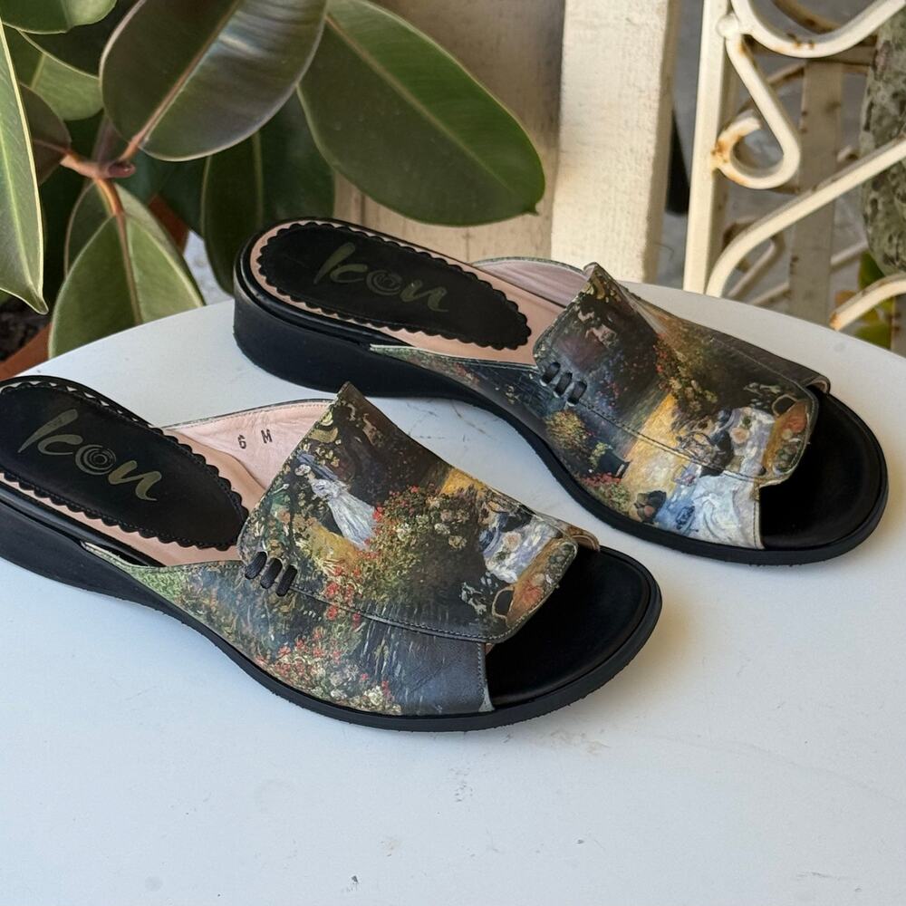 Icon shoes slip on sandals Monet "The Luncheon" "Garden at Argenteuil" sz 6